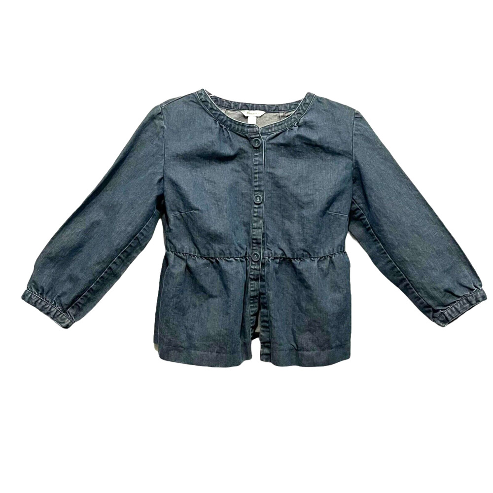 Garnet Hill Denim Jacket Women Linen Blend Peplum Flounce Prairie Cottage SZ 10P